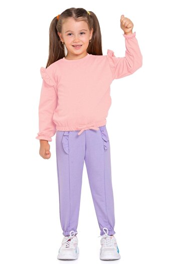 zepkids Crew Neck Long Sleeve Trousers with Stitching Detail Salmon Navy Color Girl's Tracksuit Set
