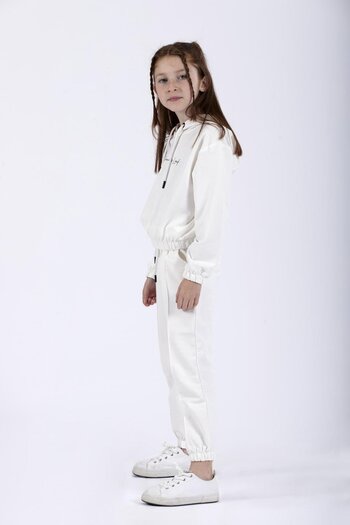 zepkids Ecru Girl's Hooded Long Sleeve Flowers Leaf Printed Double Set