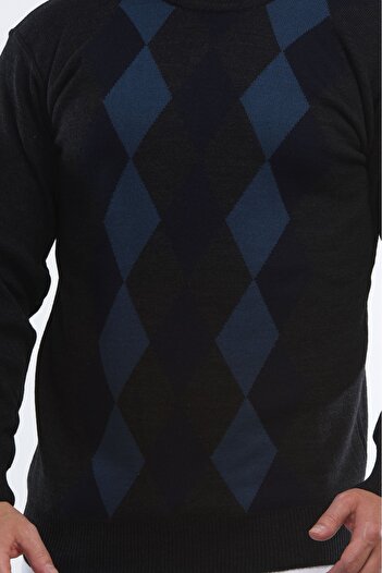 HEDEFNUR TEKSTİL Anthracite Zero Collar Baklava Pattern Zero Collar Knitted Dad Sweater Steel Knit