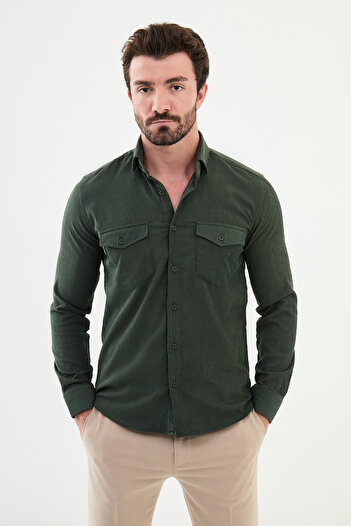 Mcr Ανδρικό πουκάμισο με ριγέ χακί Slim Fit Velvet