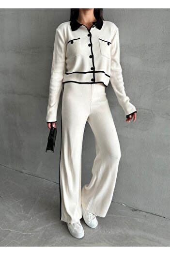 Laluvia Ecru Classy Polo Collar Contrast Striped Knitwear Set