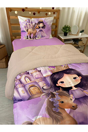 Evmila Double Sided Princess Girl Patterned Quilted Quilt - Single Sleeping Set