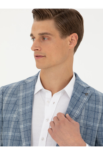 Cacharel Mavi Slim Fit Yün Karışımlı Ekose Takım Elbise 50276627-VR036