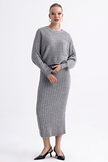 MD trend Women's Crop Flowy Sweater and Double V-Neck Strappy Ribbed Dress Double Knitwear Set