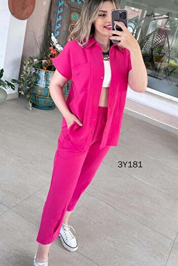 İnce Topuk Linen Polo Neck Casual Set - 3y181