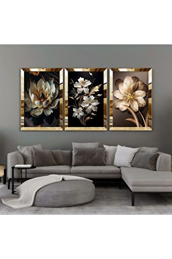 Harikabirev Wonderful - Gold-Black-White Flower Combo |   Plexi Framed Mdf Table Krfz