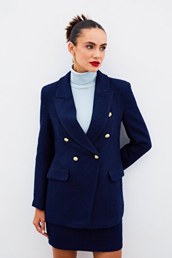 Sateen Button Detailed Tweed Jacket - DARK BLUE