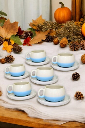 COOKCASE Set of 6 Ceramic Blue Espresso Cups - Double Color Handmade, Turkish Coffee