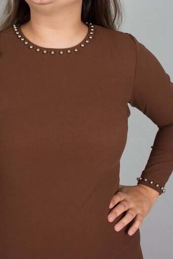 Truva XXL Plus Size Collar and Sleeve Pearl Blouse Brown