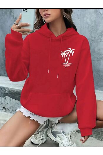 caddekombin Palm Tree Printed Hooded Sweatshirt with Pockets
