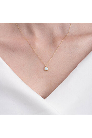 FasekGold Altın Kolye - Oval Opal Taşlı Çerçeveli Sade Minimal Tasarım 14 Ayar Altın Kadın Kolye