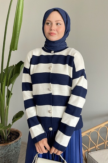 InStyle Πλεκτή ζακέτα Navy Blue - Χρυσό Κουμπιά και Ριγέ
