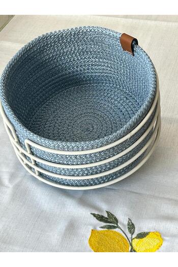 Edora Home Stylish Blue Knitted White Round Bread Basket - Multi-Purpose Stainless Metal