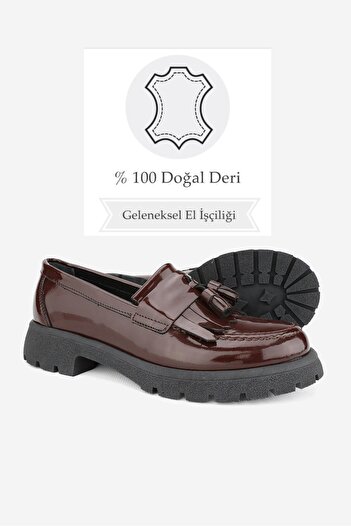 TUNAELLİ KADIN BORDO RUGAN HAKİKİ DOĞAL DERİ 36-41 NUMARA PÜSKÜLLÜ LOAFER AYAKKABI