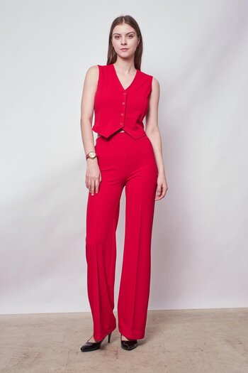 Jument Red Lycra Crepe Pants - Stitched and Rubber Waist, Wide Leg