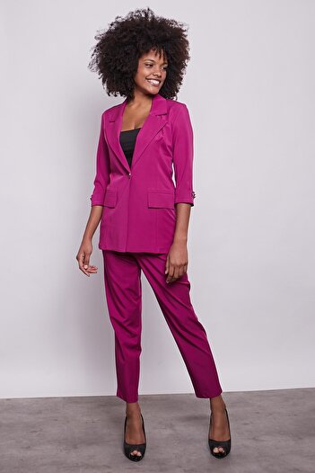 Jument High Waist Belted Pleat and Button Detailed Stylish Fabric Trousers -magenta
