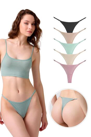 Cottonhill Adjustable Elastic Cotton and Lycra Corded Women's Thong Panties - Pack of 5