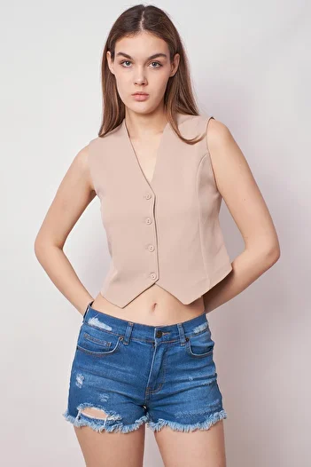Jument Women's Front Buttoned Light Lycra Fabric Short Vest-Stone