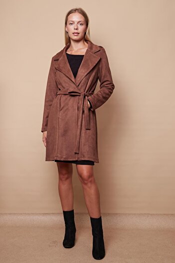 Jument Light Suede Fabric - Double Breasted Pocket Long Sleeve Knee Length Women's Trench Coat - Brown