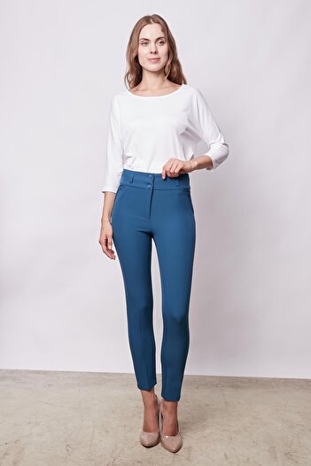 Jument Petrol Colored Ankle Length Lycra Fabric - Thick Belt and Ornamental Pocket Trousers