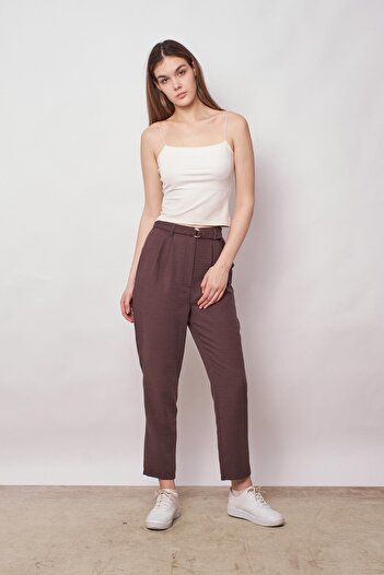 Jument High Waist Linen Trousers - Pleated and Belted, Boyfriend Cut, Brown Color