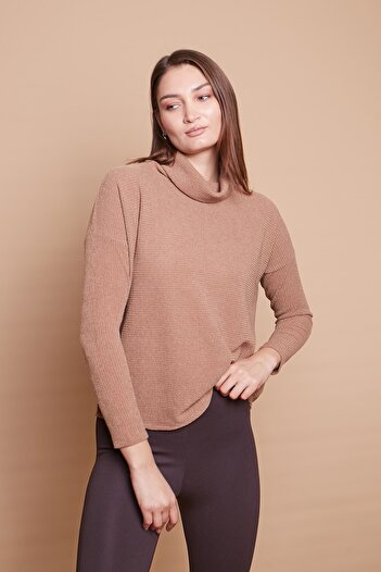 Jument Off-Neck Long Sleeve Lycra Knitwear Blouse-camel