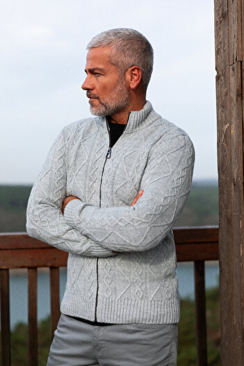 Mcr Braided Slim Fit Judge Collar Zippered Wool Men's Knitwear Cardigan Light Gray - 11236.23K
