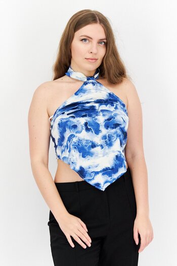 Royalty By Maluma Women Halter Neck Sleeveless Abstract Print Satin Top, Blue Combo