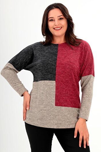 Trend42plus Plus Size Low Sleeve Asymmetrical Cut Claret Red Knitwear Blouse