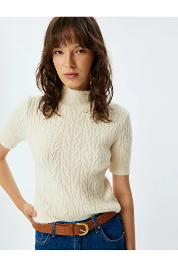 Koton Soft Textured Stand Collar Short Sleeve Knitwear Sweater