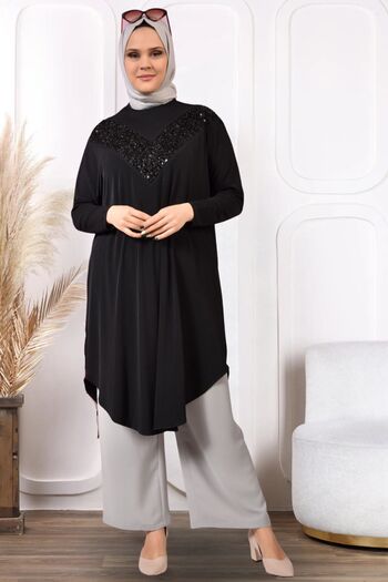 Ferace Large Size Shirt Long Women's Sequined Bat Sleeve Tunic Black