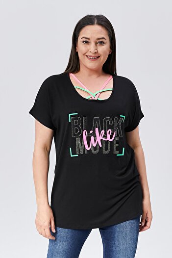 Ebsumu Plus Size Neon Stone Patterned Black Women's Blouse