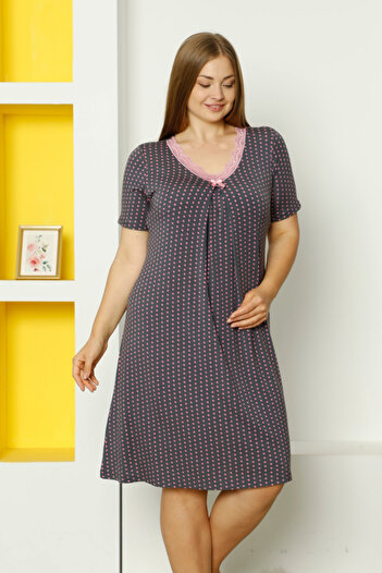 İntensive Women's Polka Dot Short-Sleeved Lace Ribbon Stretchy Viscose Plus Size Nightgown