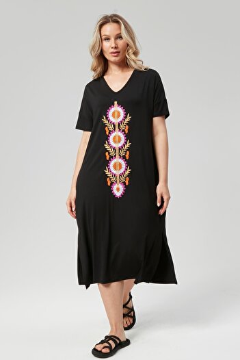 Ebsumu Plus Size Flower Embroidered Black Women's Dress