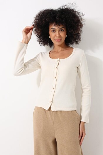 AMİDA Ecru Round Neck Thessaloniki Fabric Buttoned Women's Cardigan - 2442
