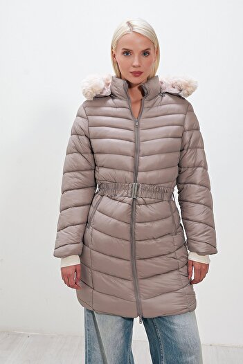 HAKKE Fur Detailed Hooded Belted Puffer Coat