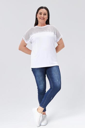 Ebsumu Λευκή Μπλούζα Plus Size - Διχτυωτή Λεπτομέρεια