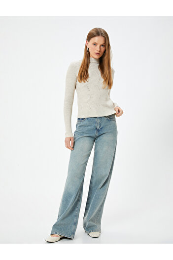 Koton Long Sleeve Stand Collar Openwork Sweater