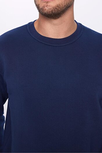 Tudors Unisex Relax Fit Rahat Kesim Pamuklu Yumuşak Dokulu Polarlı Basic Lacivert Bisiklet Yaka Sweatshirt