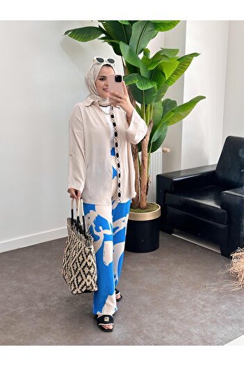 ASEL FASHİON Beige-Blue Embroidered Cotton Viscose Set