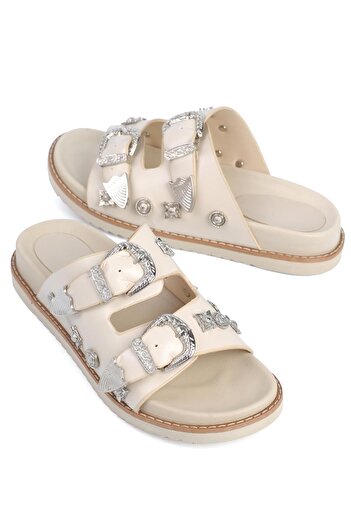 ShoeTek Kacia Beige Δερμάτινες Γυναικείες Παντόφλες - Διπλή Ζώνη και Πέτρινη Πόρπη