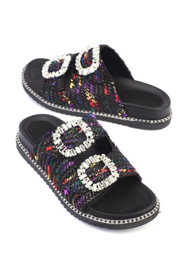 ShoeTek Papuci Vivian pentru femei - paie neagră/colorată cu benzi duble, catarame și stras