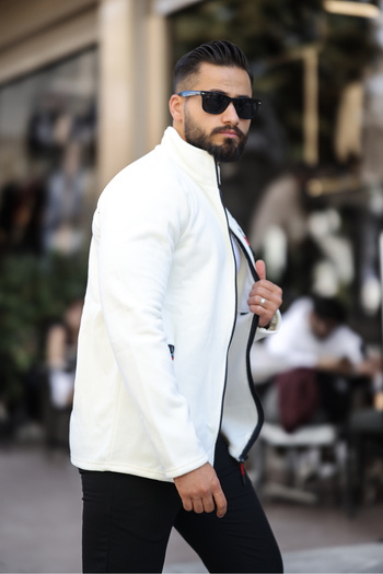 Butik Men's White Full Zip Three Pocket Fleece Jacket