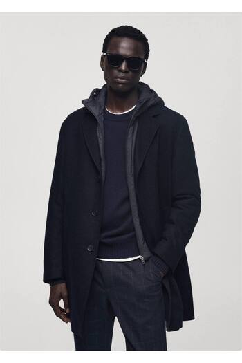 MANGO Man Woolen Coat with Quilted Hood Inside