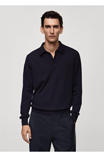 MANGO Man Tricou polo cu mânecă lungă din lână merinos 100%.