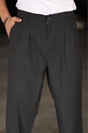 Bürke Baggy Çift Pileli ANTRASİT Renk Beli Lastikli Kaliteli Rahat Kesim Klasik Bol Paça Baggy Pantolon
