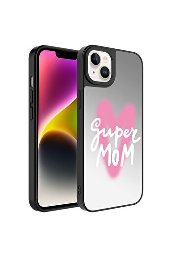 zore iPhone 14 Plus Compatible Mirror Patterned Camera Protected Shiny Mirror Case-Super Mom