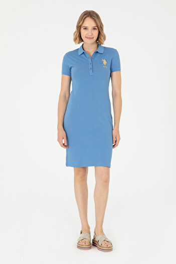 U.S. Polo Assn. Rochie tricotată pentru femei, albastru închis, cu guler polo, mini lungime 50280069-VR032