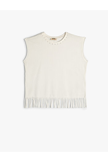Koton Bead Detailed Tassel Cotton T-Shirt - Sleeveless, Short Sleeve, Crew Neck
