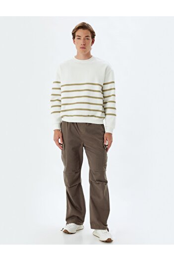 Koton Crew Neck Striped Oversize Sweatshirt - Cotton Blend